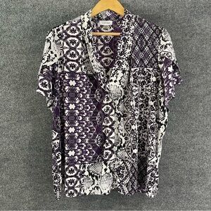 Calvin Klein Womens Flutter Sleeve Top Size 2X V Neck White Black Purple Office